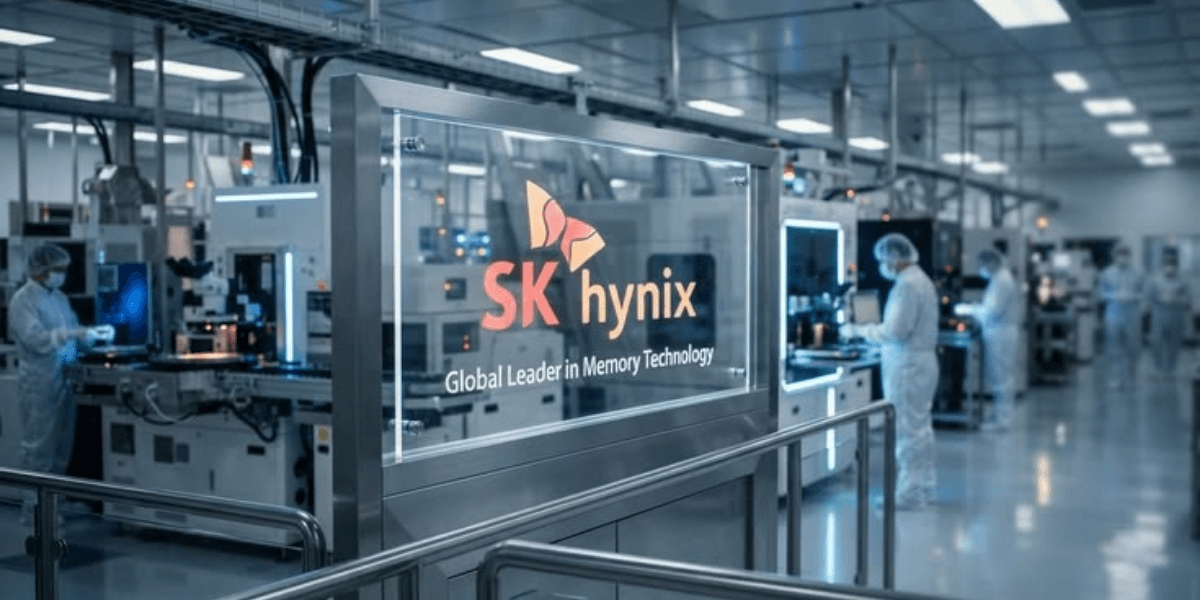 Interior view of SK Hynix semiconductor factory with workers and equipment in operation
