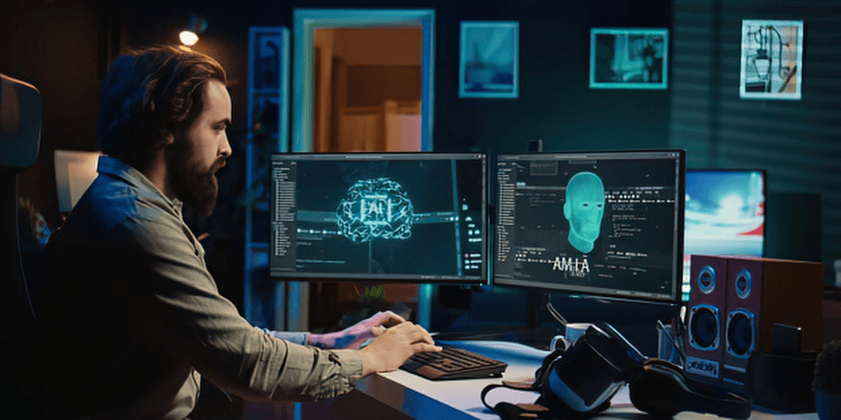 A man working on dual monitors with digital interfaces in a dark room