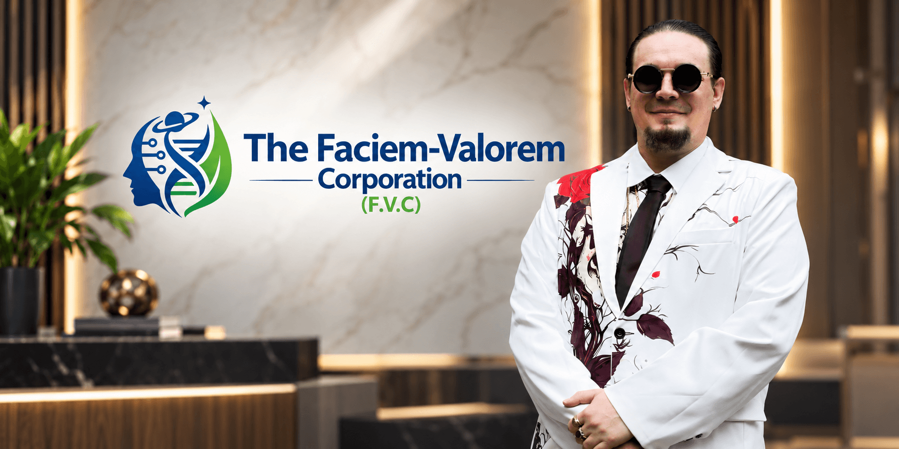 Man in a floral white suit stands in a modern office with logo backdrop