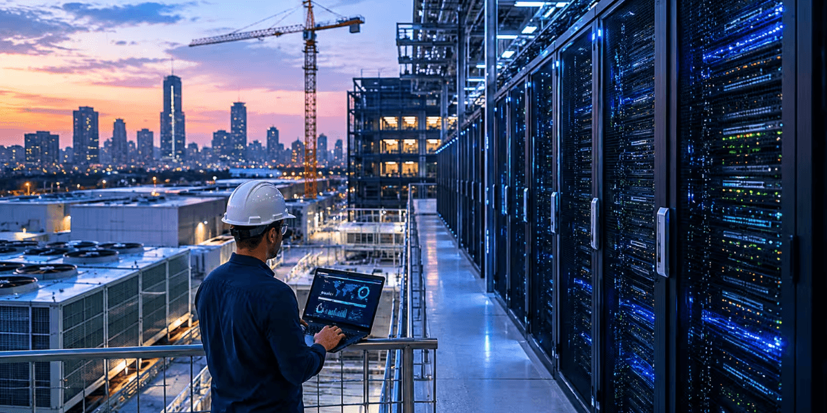 A technician examines data on a laptop near server racks at sunset