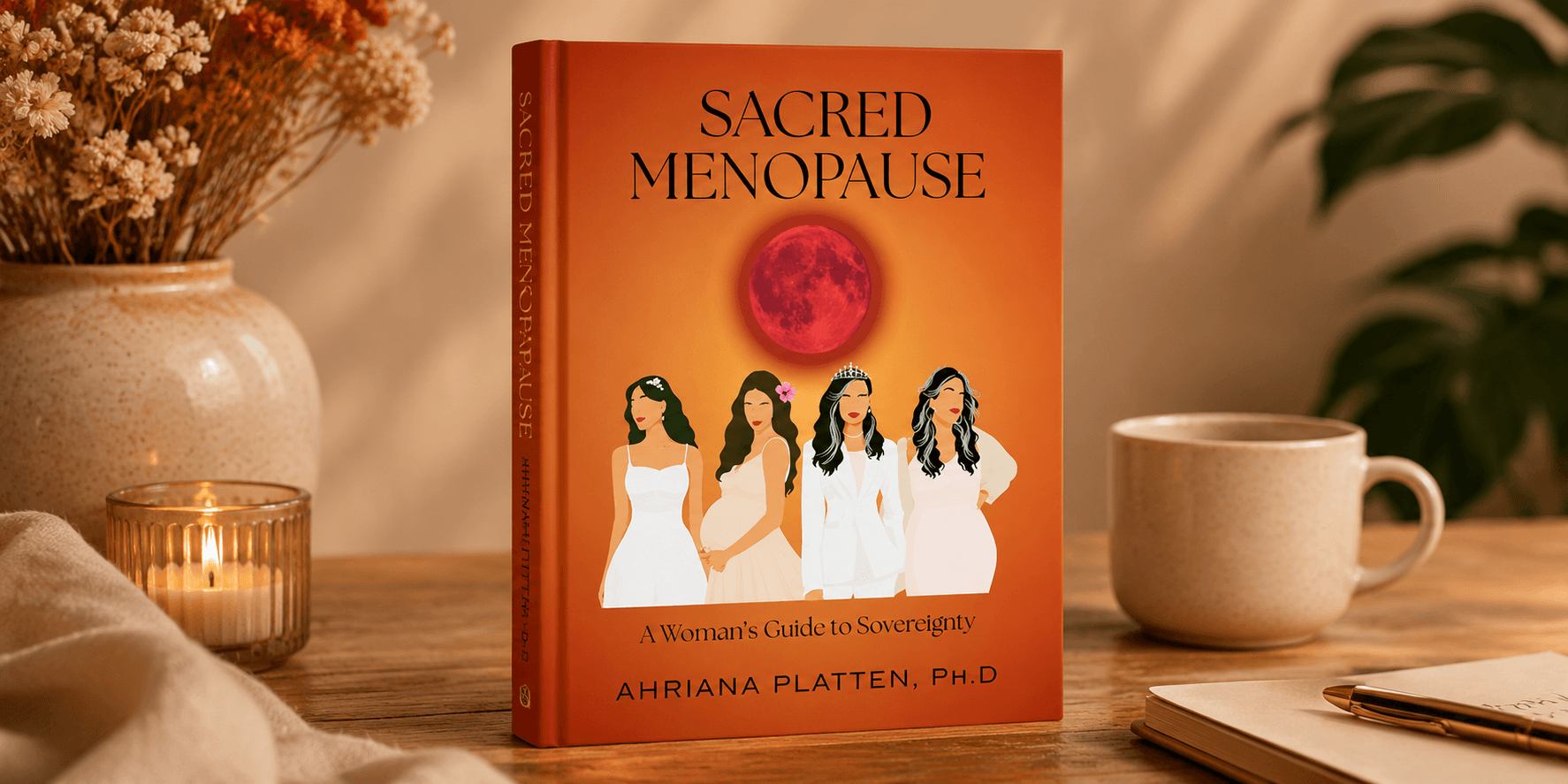 Book cover of "Sacred Menopause" by Ahriana Platten with illustrations of women and a red moon