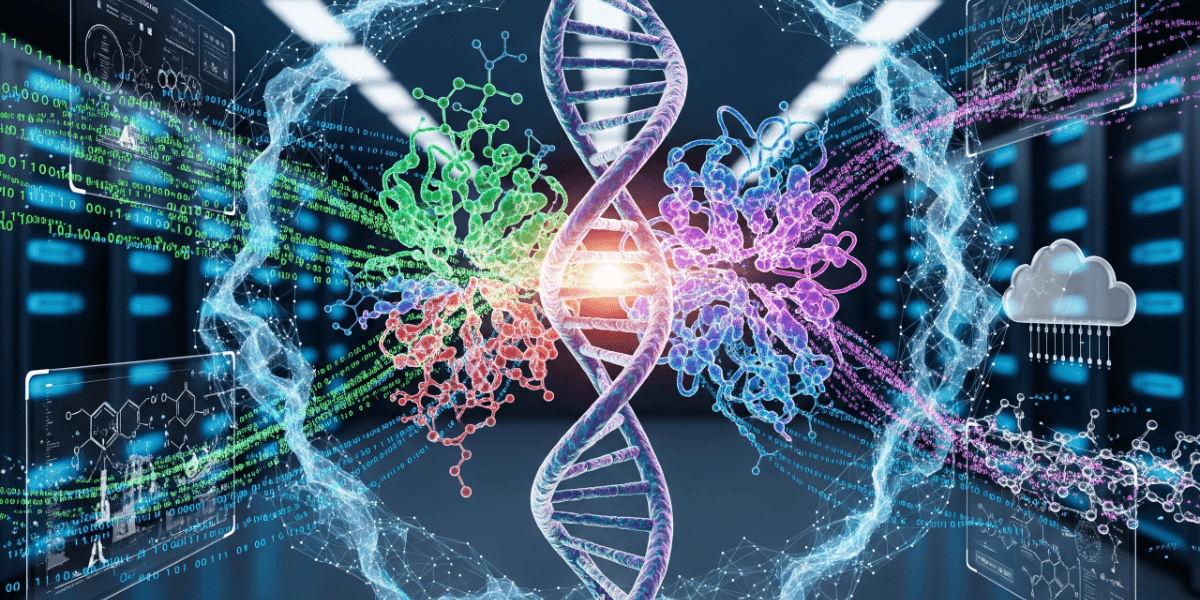 Digital representation of DNA structure with data elements and cloud symbols in a tech environment