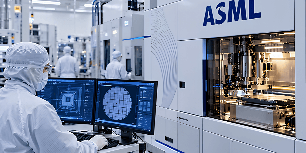 A technician monitors equipment in a cleanroom at an ASML semiconductor manufacturing facility