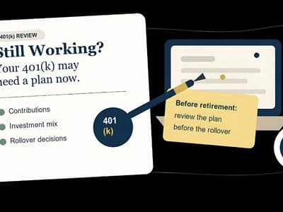 Illustration promoting 401(k) review, highlighting contributions, investment mix, rollover decisions, and retirement planning guidance.