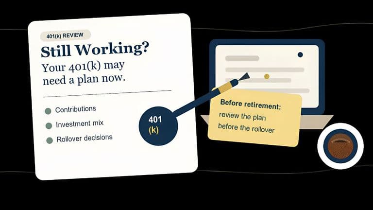 Illustration promoting 401(k) review, highlighting contributions, investment mix, rollover decisions, and retirement planning guidance.