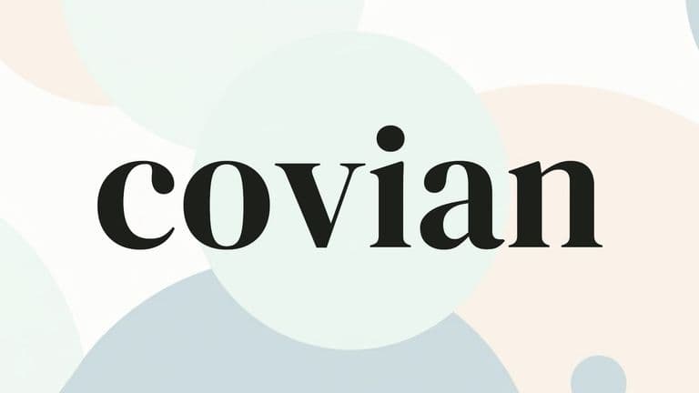 Minimalist logo with “covian” text over soft pastel abstract circles.