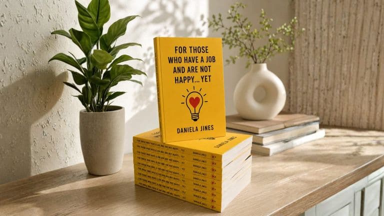 Stack of Daniela Jines' book on workplace happiness.