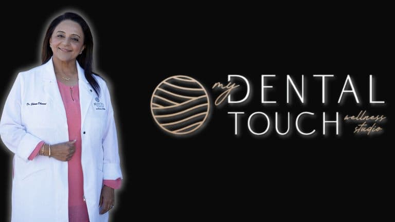 DownloadDr. Shireen Dhanani, a dentist and wellness expert, standing in front of the My Dental Touch Wellness Studio logo.