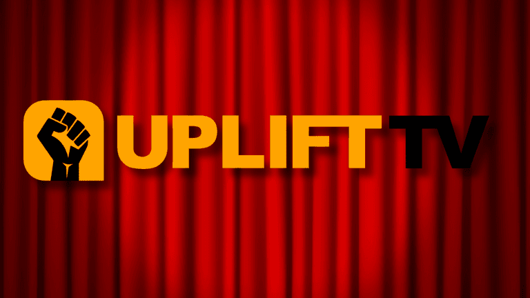 Uplift TV logo over red theater curtains with raised fist icon and bold black-and-gold lettering.