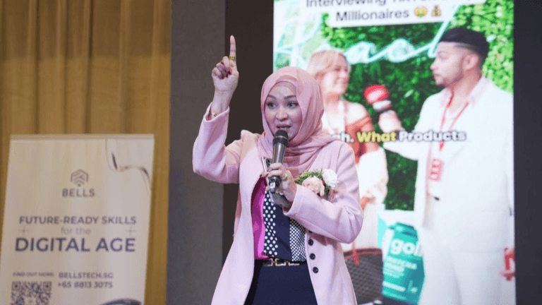 Woman in magenta suit and hijab walking confidently, surrounded by text promoting FLY and online income opportunities.