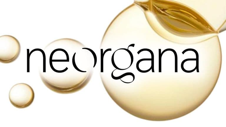 Neorgana logo with golden liquid droplets symbolizing innovative medicine and biotechnology advancements.