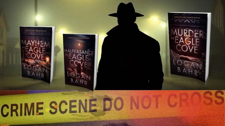 A shadowy detective figure with a fedora and overcoat stands before three books from Logan Bahr’s Detective Larry Saunders Mystery series, set against a crime scene with yellow tape