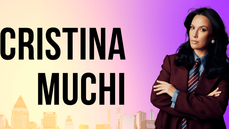 Image of Cristina Muchi with a city skyline background, promoting her publishing company Upway Books.