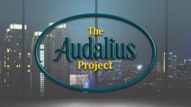 Audalius Project logo with a city skyline backdrop, symbolizing innovative hearing health solutions focused on cognitive preservation.