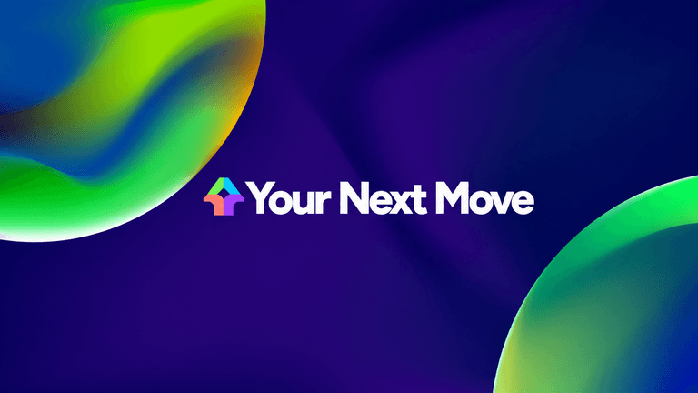 Your Next Move logo on a dark background with colorful abstract gradient shapes.