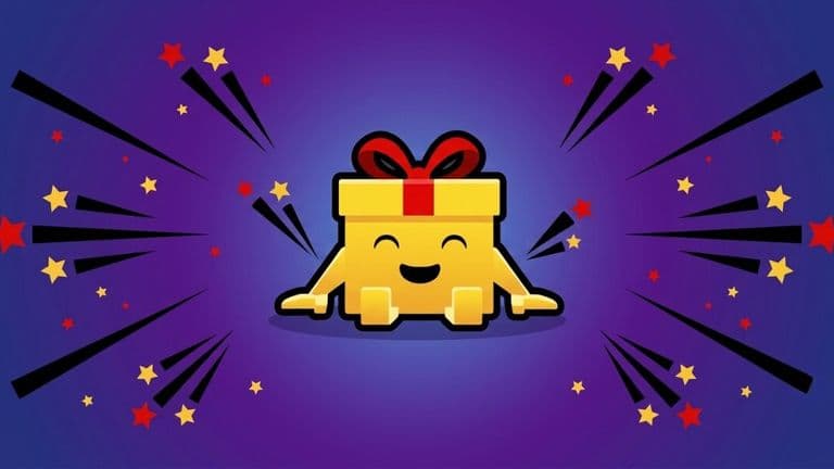 Smiling gift box mascot surrounded by colorful stars and celebratory bursts on a purple background.