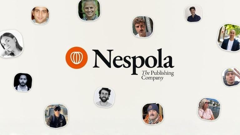 Nespola logo encircled by individuals, illustrating a collective effort to empower authors in sustainable book publishing.