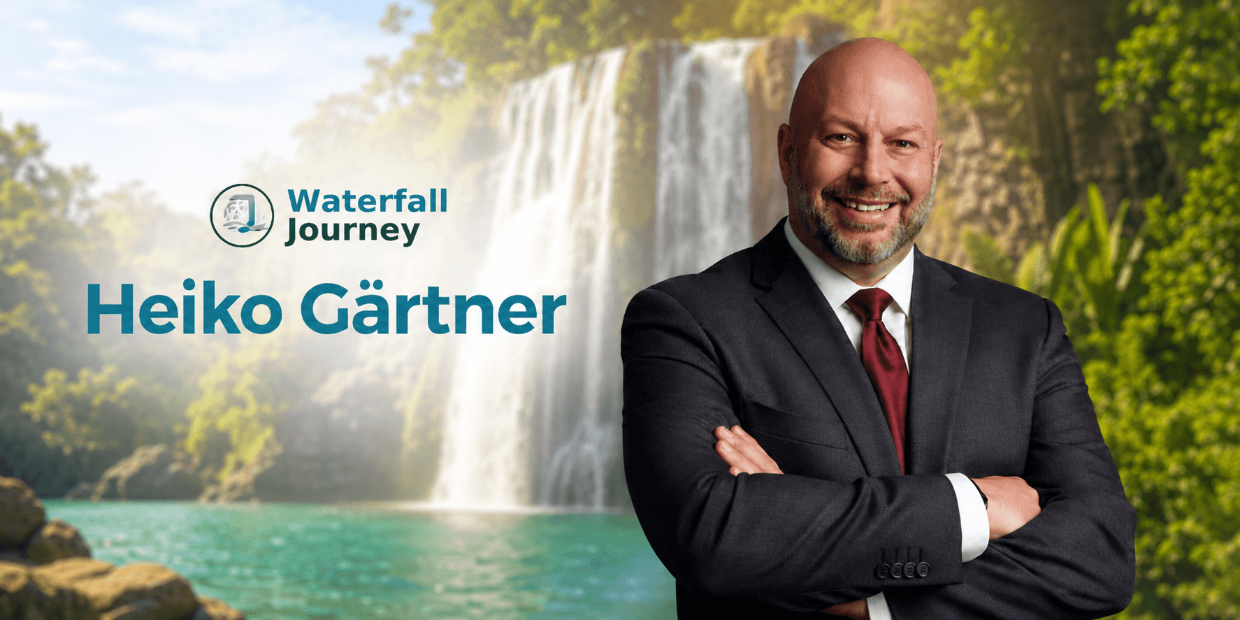 Man in a suit smiling against a scenic waterfall background with text overlay