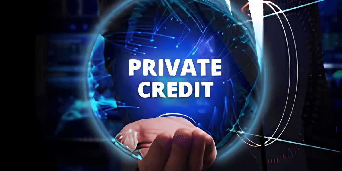 Hand reaching towards a glowing globe with the words Private Credit in the center
