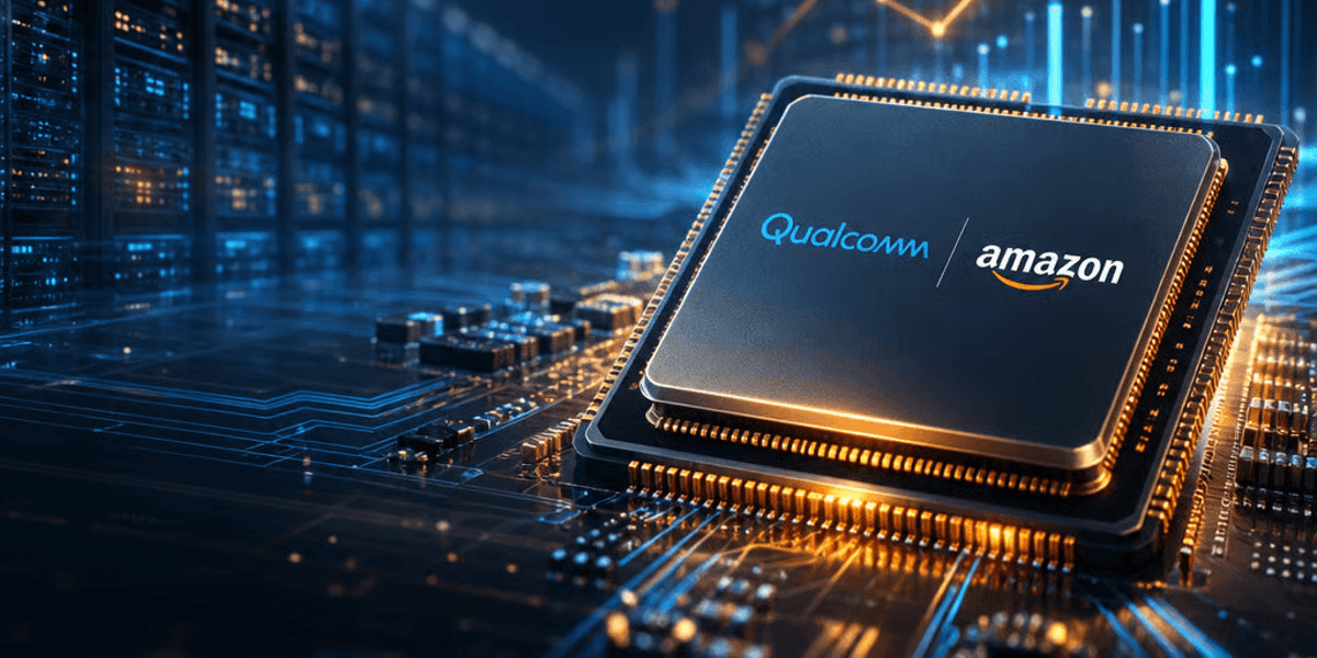 Close-up of a microchip featuring Qualcomm and Amazon logos on a circuit board background