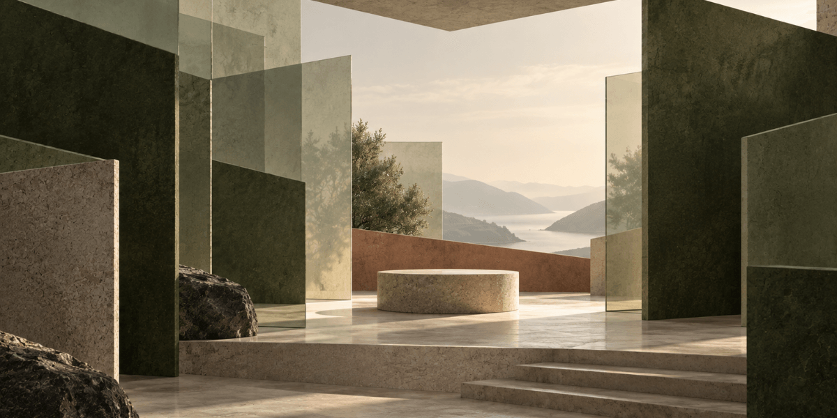 Minimalist architectural space with glass panels, stone elements, and a scenic view of mountains and water