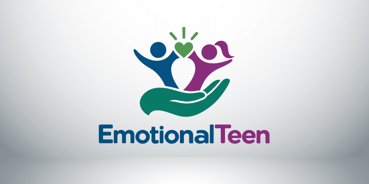 Logo of EmotionalTeen featuring a hand supporting colorful figures representing youth and emotions