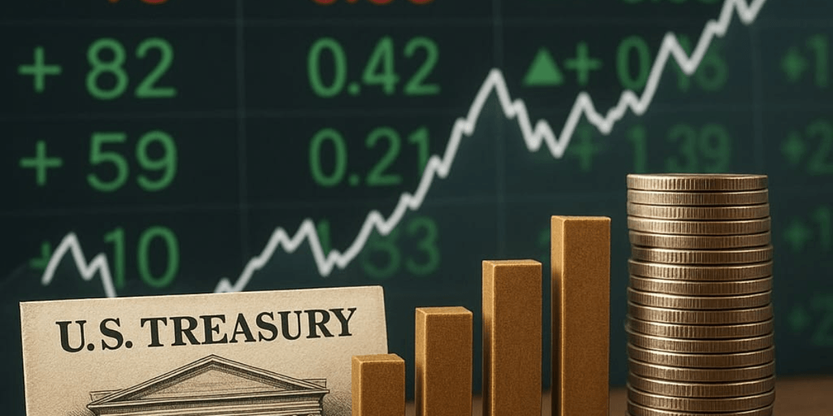 U.S. Treasury note with stacked coins and a rising stock market graph background