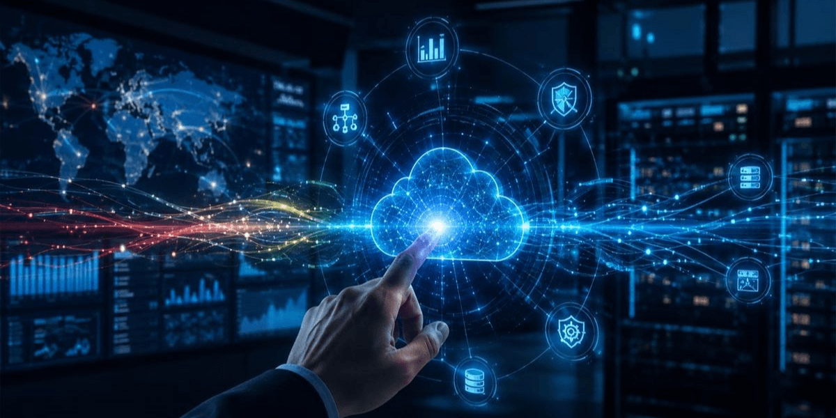 A hand reaching towards a glowing cloud symbol surrounded by data and technology icons