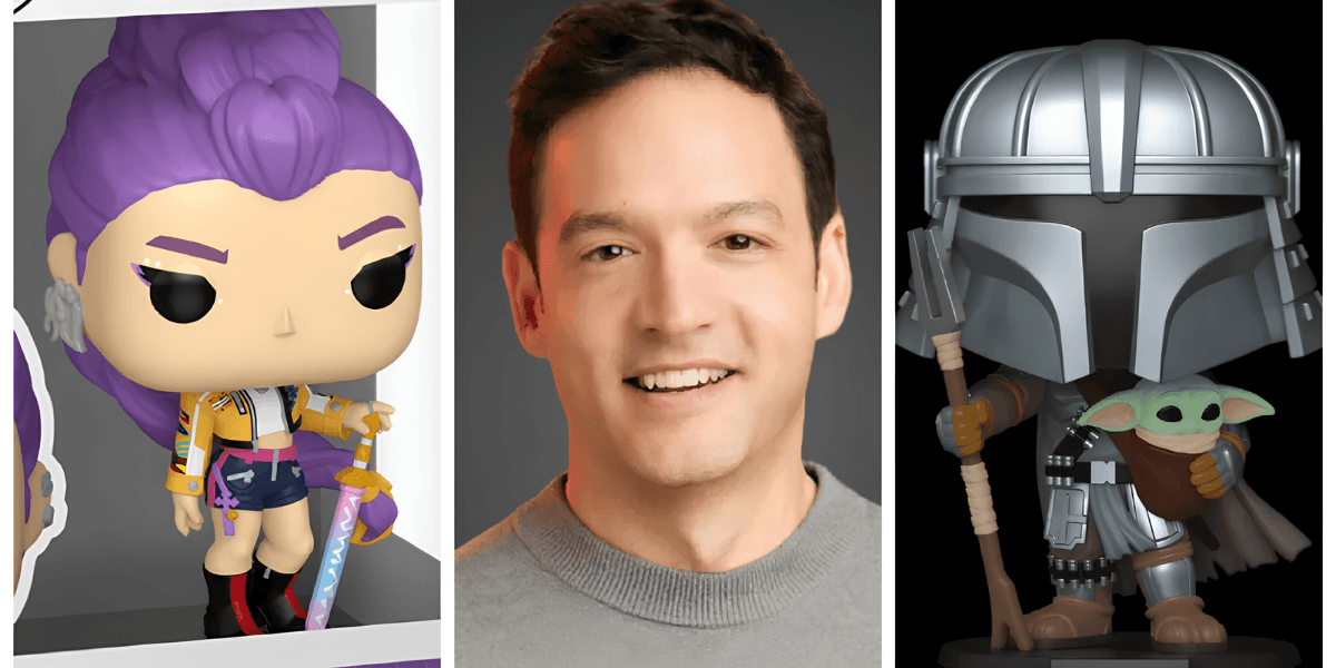 Three images: a purple-haired Funko Pop, a smiling man, and a Mandalorian figure.