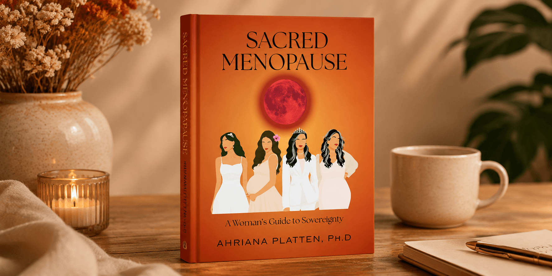 Book cover of "Sacred Menopause" by Ahriana Platten with illustrations of women and a red moon