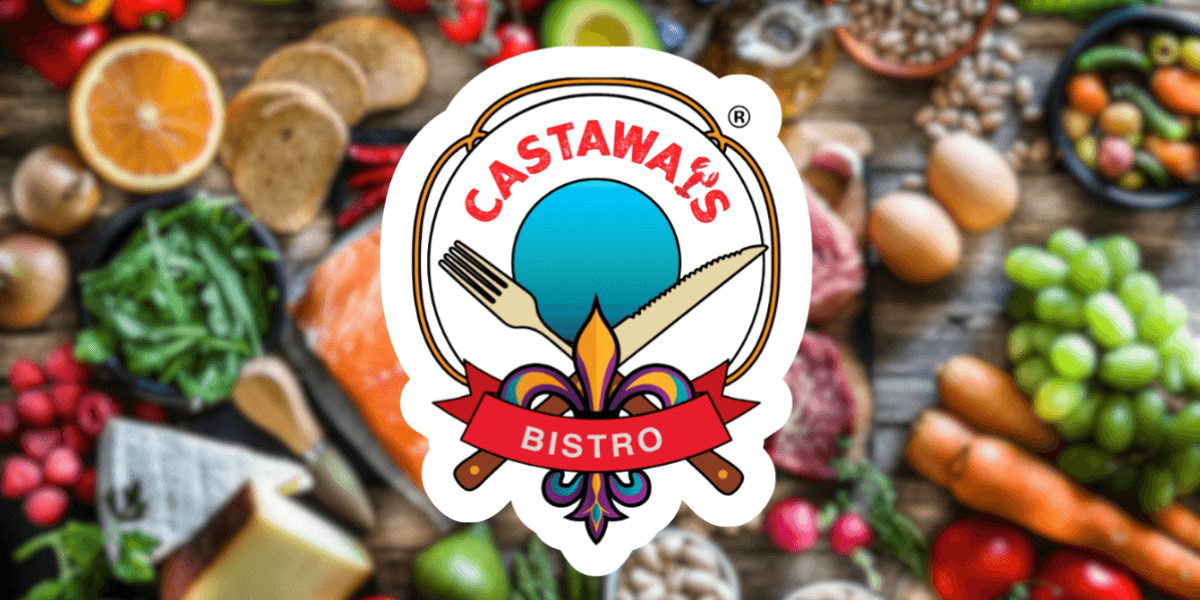 Logo of Castawa's Bistro over a colorful spread of fresh ingredients and food items