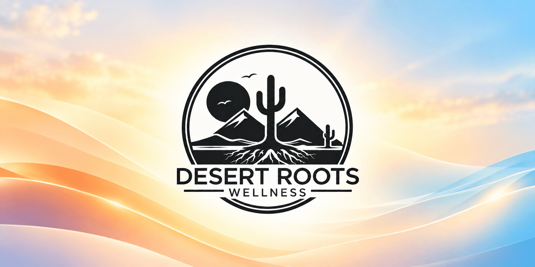 Logo for Desert Roots Wellness featuring mountains, cacti, and sun against a gradient background