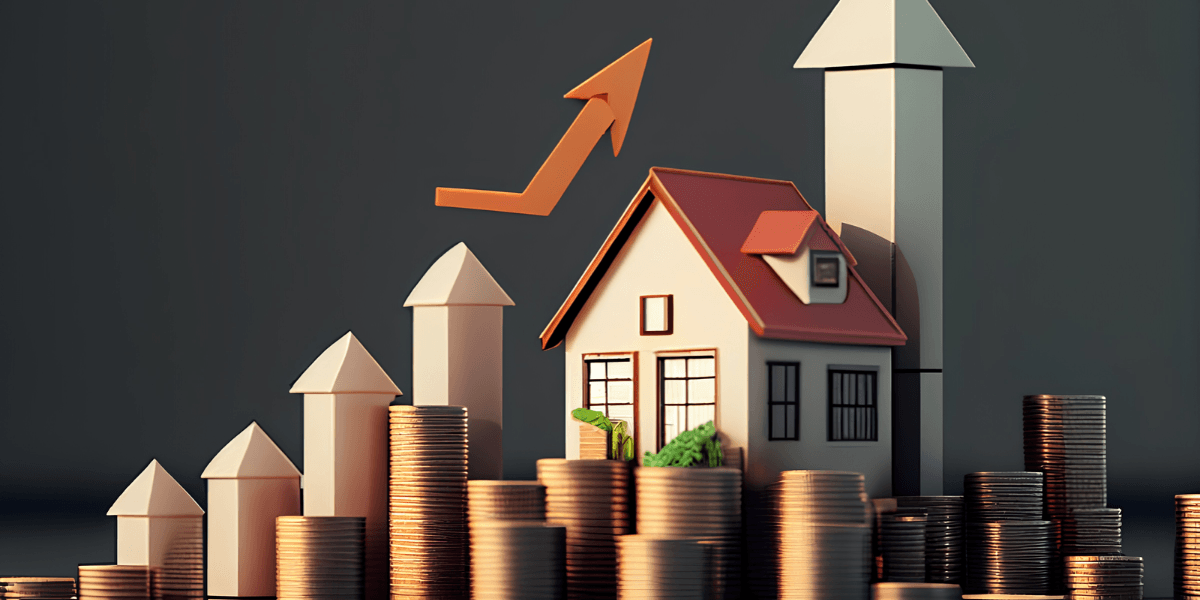 A model house surrounded by coins and upward arrows representing real estate growth