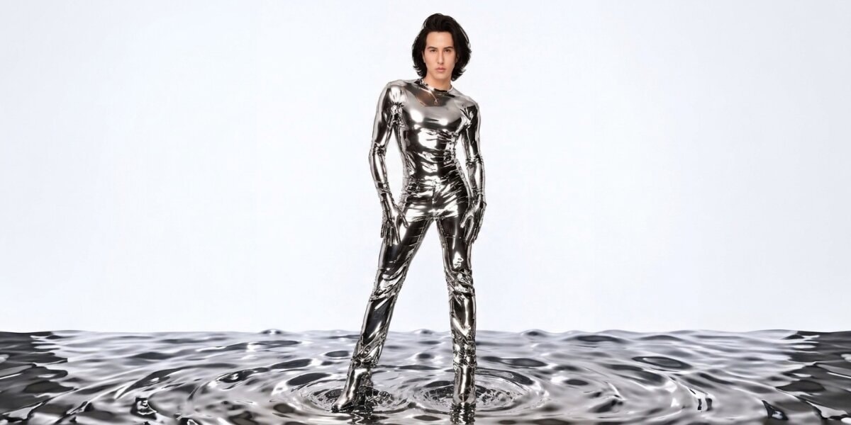 Ricky Rebel stands in a reflective chrome outfit on a metallic liquid surface against a bright backdrop.