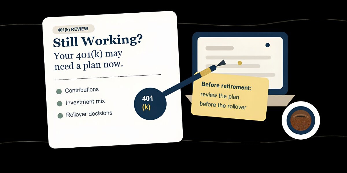 Illustration promoting 401(k) review, highlighting contributions, investment mix, rollover decisions, and retirement planning guidance.