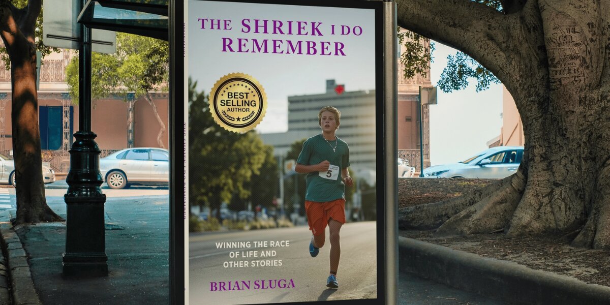 Book cover of The Shriek I Do Remember by Brian Sluga, showcasing a young runner with a "Best Selling Author" badge.
