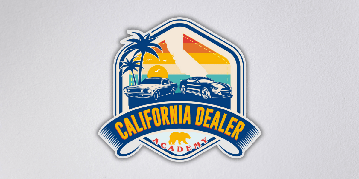 Logo featuring cars, palm trees, and California map with text: California Dealer Academy – empowering auto dealership entrepreneurs.