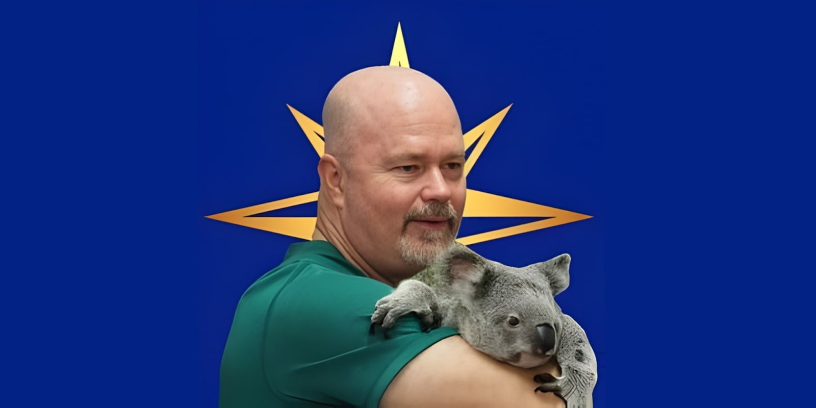 Scott MacWherter holding a koala, with a bold star-shaped graphic in the background, symbolizing his adventure mindset.