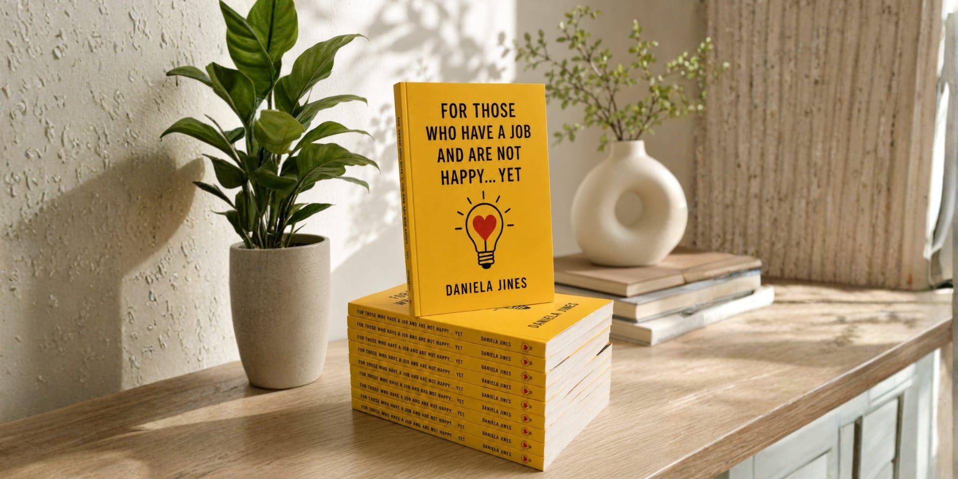 Stack of Daniela Jines' book on workplace happiness.