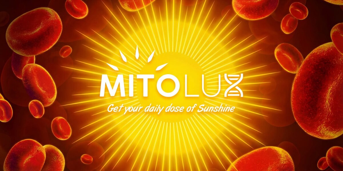 Mitolux logo with sun graphic surrounded by red blood cells and the tagline "Get your daily dose of Sunshine."