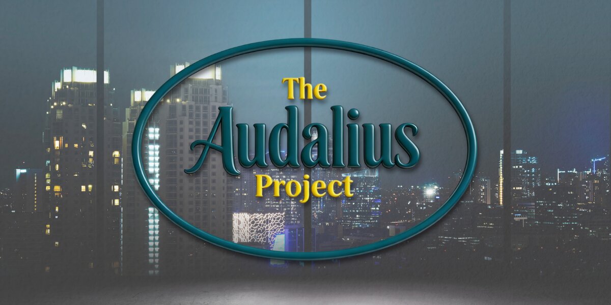 Audalius Project logo with a city skyline backdrop, symbolizing innovative hearing health solutions focused on cognitive preservation.