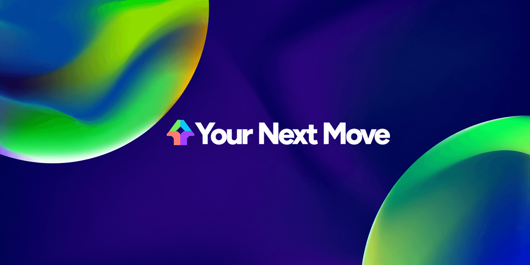 Your Next Move logo on a dark background with colorful abstract gradient shapes.