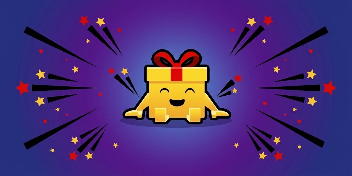 Smiling gift box mascot surrounded by colorful stars and celebratory bursts on a purple background.