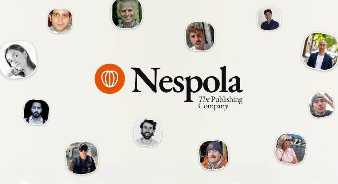 Nespola logo encircled by individuals, illustrating a collective effort to empower authors in sustainable book publishing.