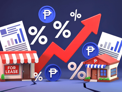 3D representation of houses for lease with rising percentage graphs and currency symbols