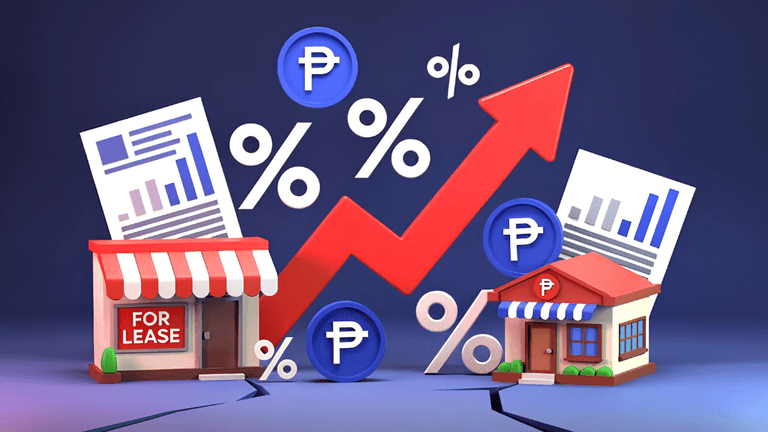 3D representation of houses for lease with rising percentage graphs and currency symbols