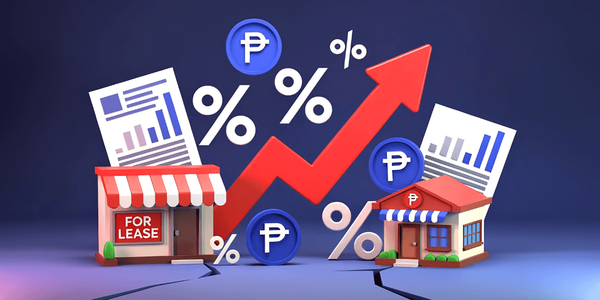 3D representation of houses for lease with rising percentage graphs and currency symbols