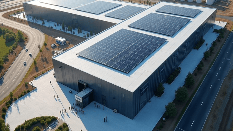 Aerial view of a large warehouse with solar panels on the roof