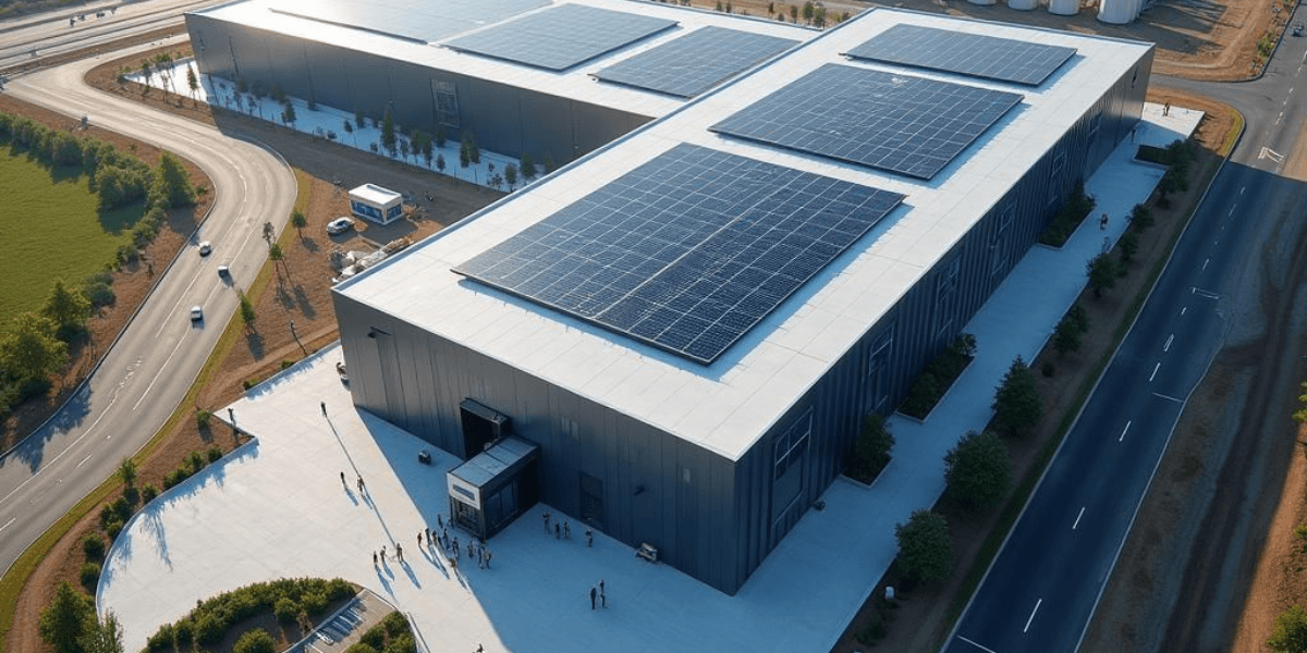 Aerial view of a large warehouse with solar panels on the roof
