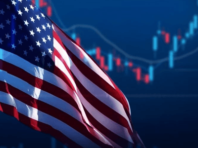 American flag waving in front of abstract stock market data background